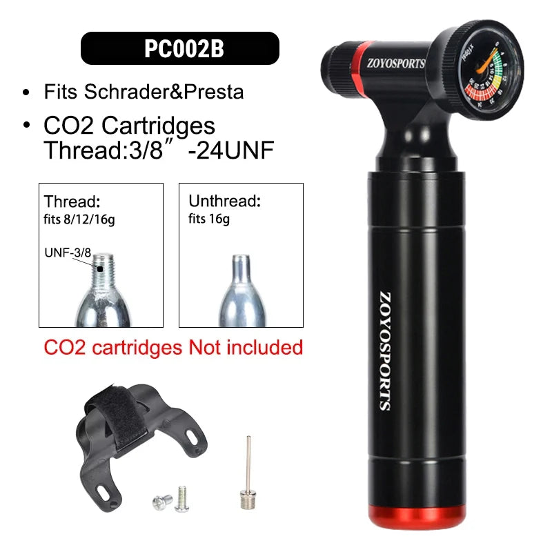 Aluminium-CO2-Fahrradpumpe mit Manometer, Schrader-Presta-Ventile