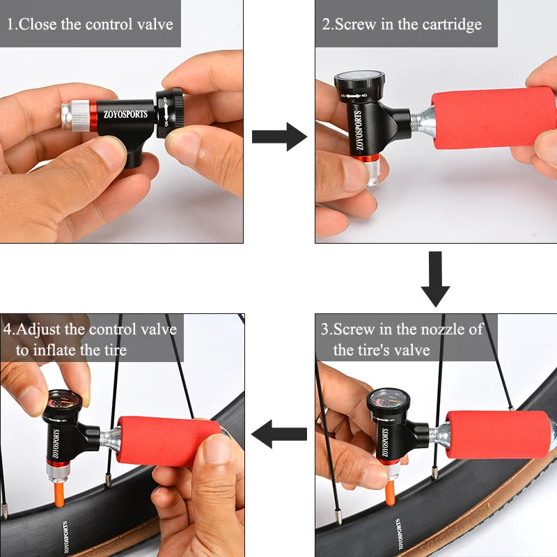 Mini inflador de CO2 con manómetro para válvulas Schrader y Presta de bicicleta
