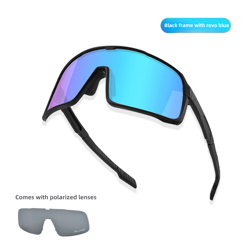 ZY-916 Cycling Sunglasses – Choose Lens Configuration – Black / Blue Mirrored + Polarized Lens